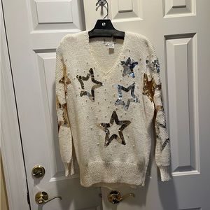 White sweater LIKE NEW with Silver & Gold sequined stars size Medium  $50
